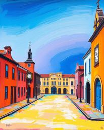 This bold acrylic painting depicts an empty town square filled with the unsettling sound of ticking clocks. Featuring vibrant