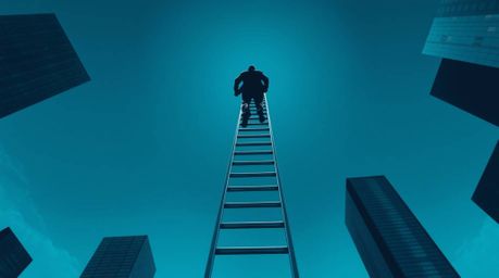 A captivating low-angle illustration depicts a businessperson ascending a transparent ladder reaching into the vibrant blue s