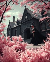 Explore a surreal infrared image of a magical school teeming with young wizards.  Bathed in strong, hard light that casts dir