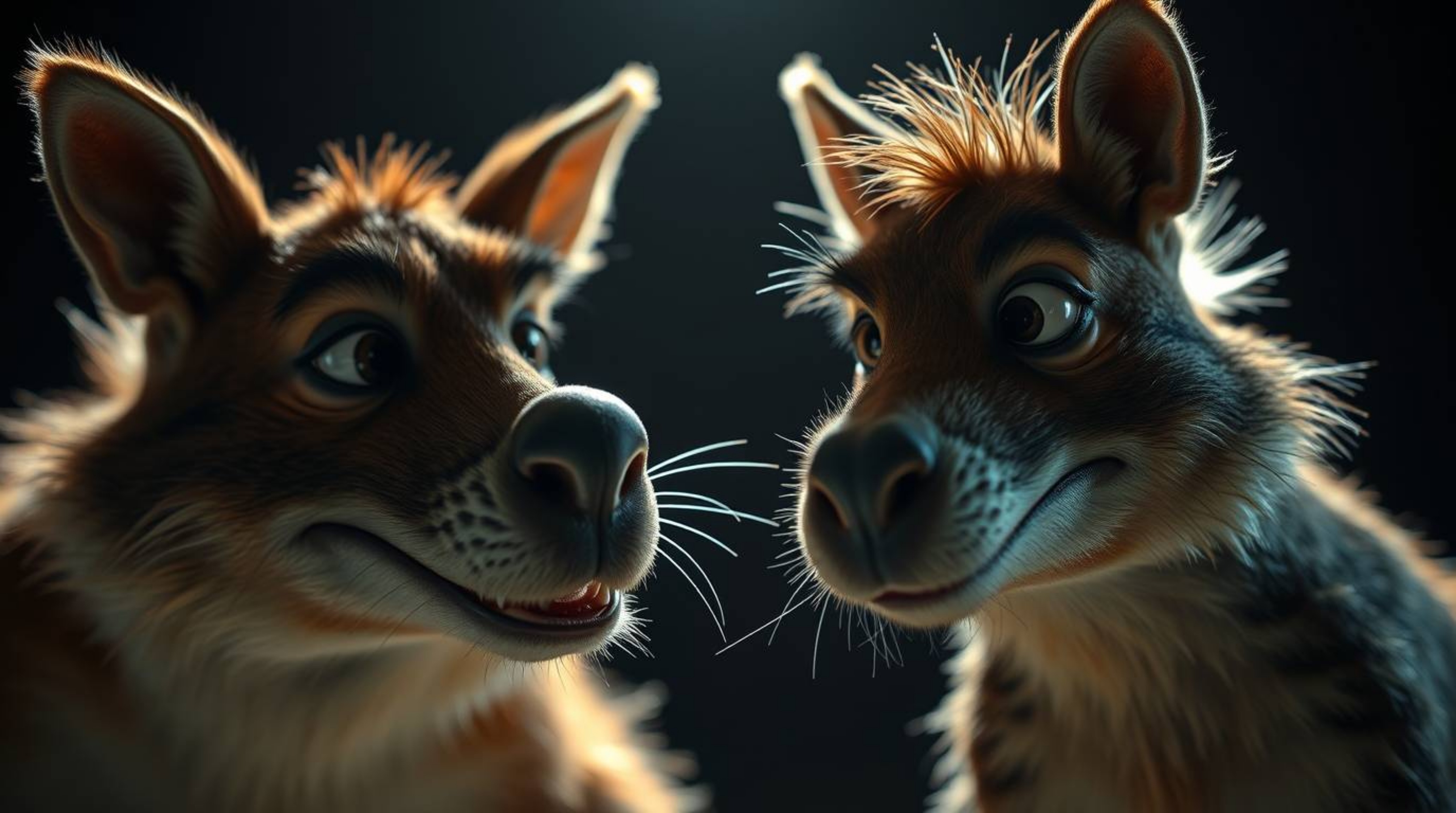 A tight close-up shot captures a duo of mischievous talking animals under strong, hard light, creating direct and harsh shado