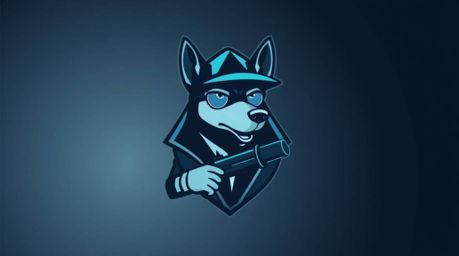 This image showcases a geometric logo design featuring a dog detective utilizing high-tech gadgets.  The style emphasizes cle