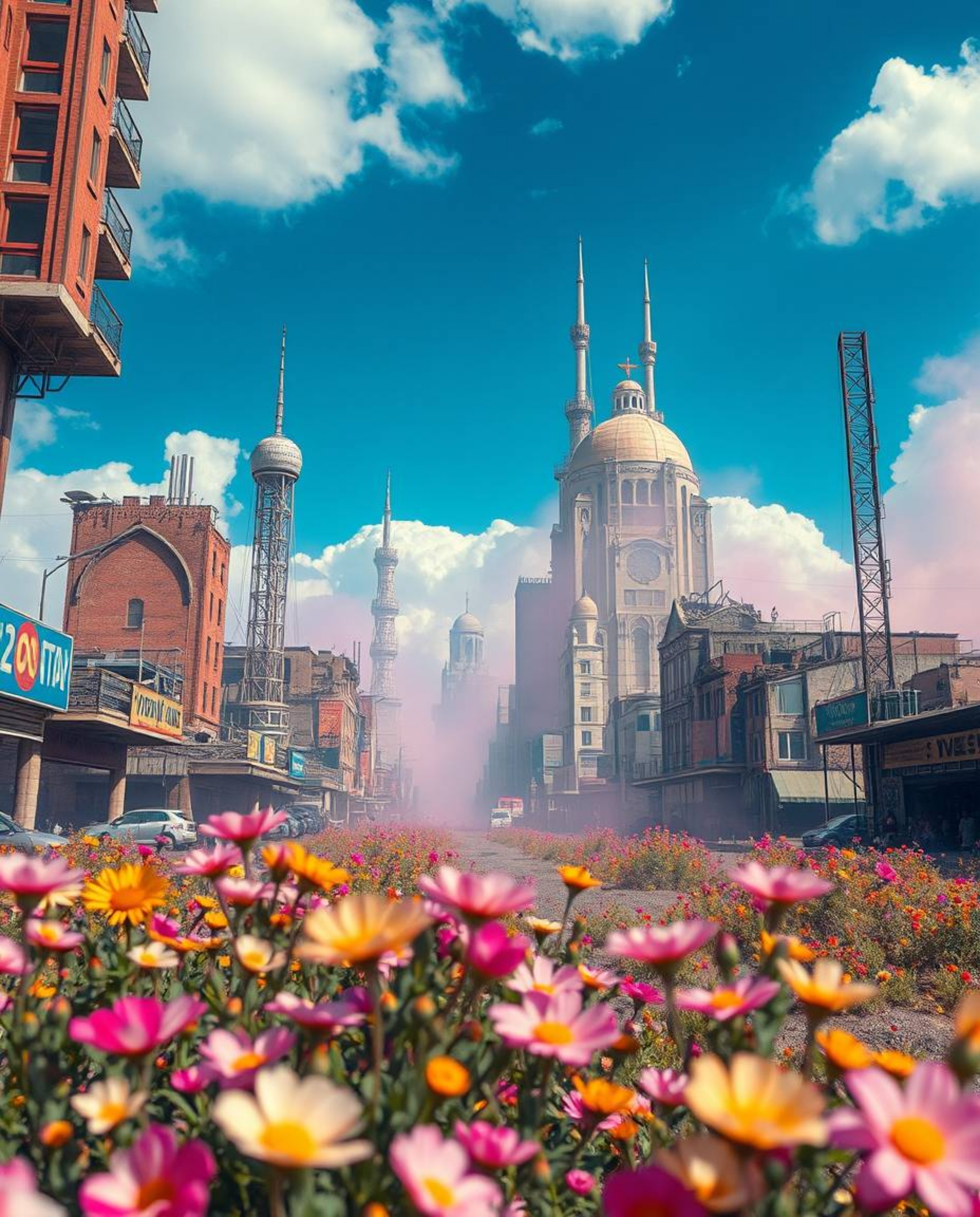 Discover a captivating juxtaposition of vibrant colors and contrasting tones in a breathtaking post-apocalyptic city landscap