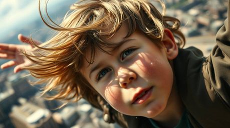 A captivating close-up shot of a young boy with windswept hair, soaring above London with the aid of pixie dust. The image fe