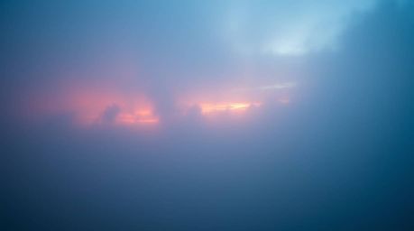 Experience a dramatic cinematic scene featuring a cool color palette of blues, greens, and purples.  Thick fog and thundersto