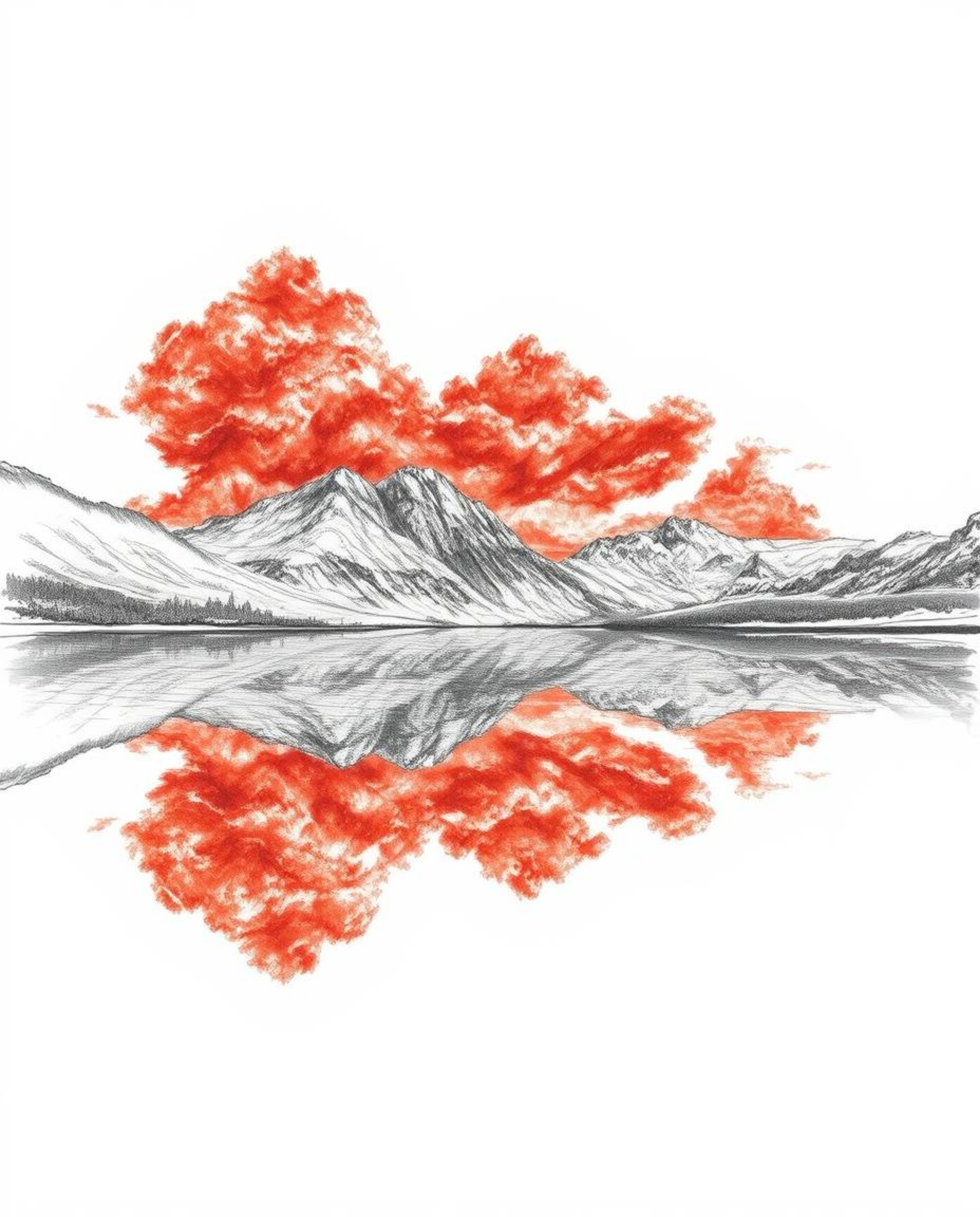 A surreal, infrared-toned hand-drawn sketch captures the reflections of fiery clouds in a mountain lake. Executed with rough 
