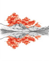 A surreal, infrared-toned hand-drawn sketch captures the reflections of fiery clouds in a mountain lake. Executed with rough 