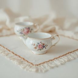 A captivating photograph showcasing a delicate porcelain tea set with soft pink and pale blue floral designs. The warm bokeh 
