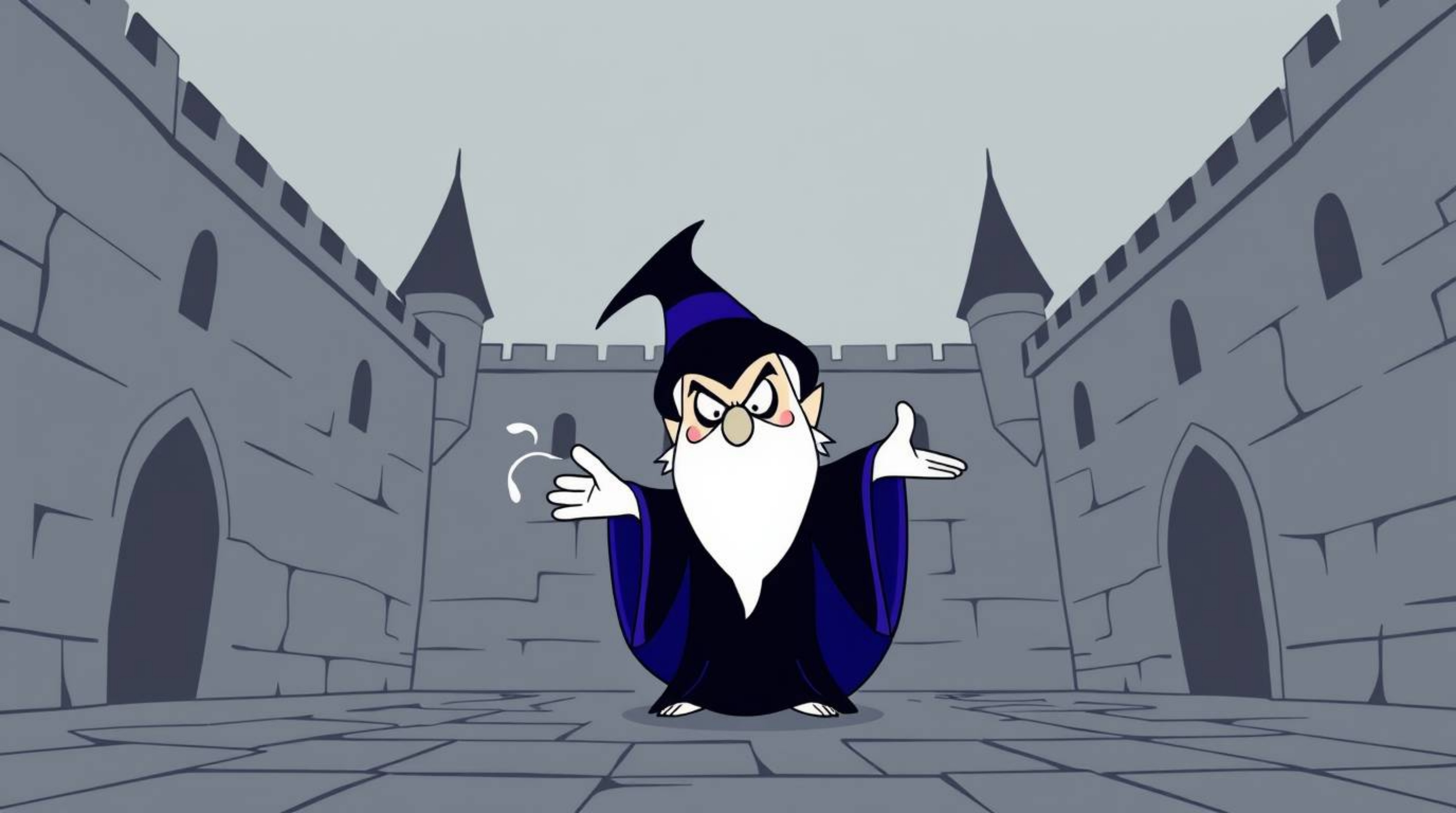 A classic Disney villain, rendered in a minimalist, flat design style, casts a spell within the walls of an old castle.  The 