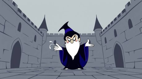 A classic Disney villain, rendered in a minimalist, flat design style, casts a spell within the walls of an old castle.  The 