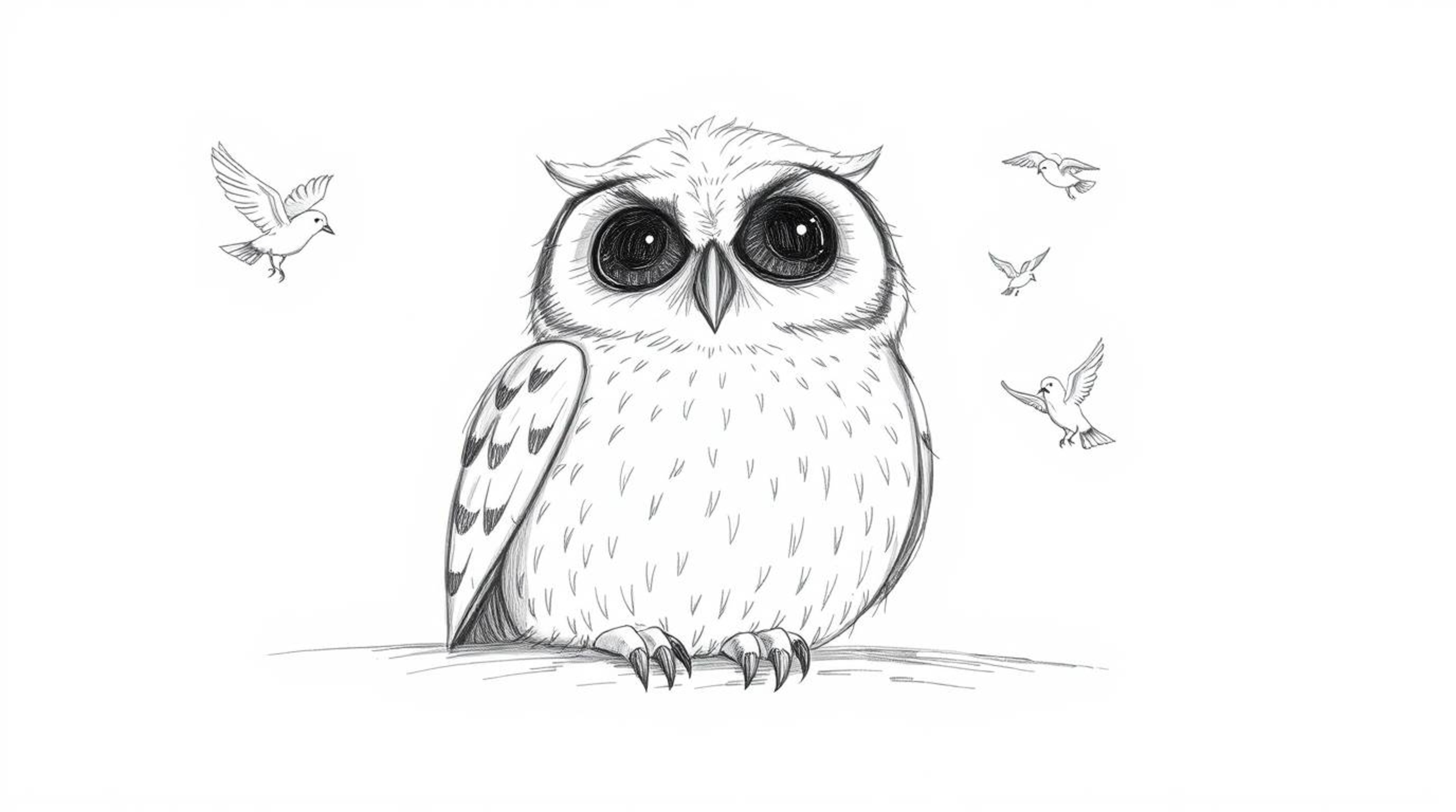 A charming hand-drawn sketch reminiscent of Pixar's animation style, portrays a blind owl with delicately textured plumage re