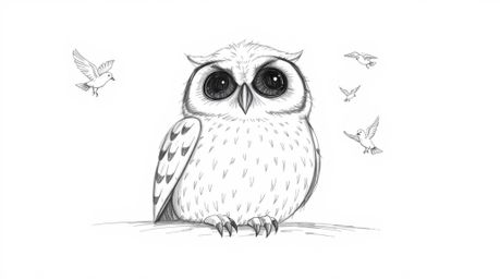 A charming hand-drawn sketch reminiscent of Pixar's animation style, portrays a blind owl with delicately textured plumage re
