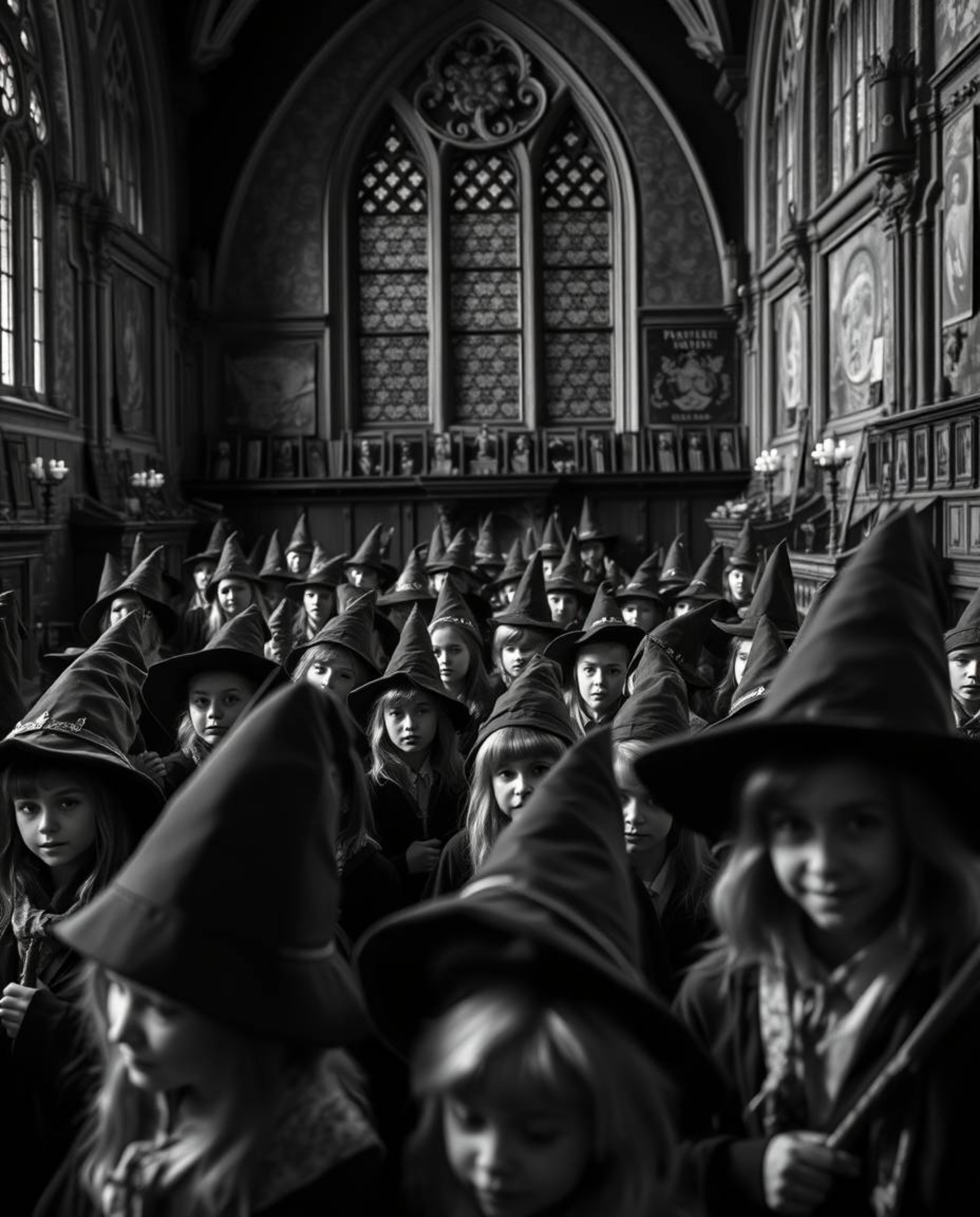 Explore a captivating close-up shot of a magical school teeming with young wizards, rendered in classic black and white for a