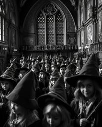 Explore a captivating close-up shot of a magical school teeming with young wizards, rendered in classic black and white for a