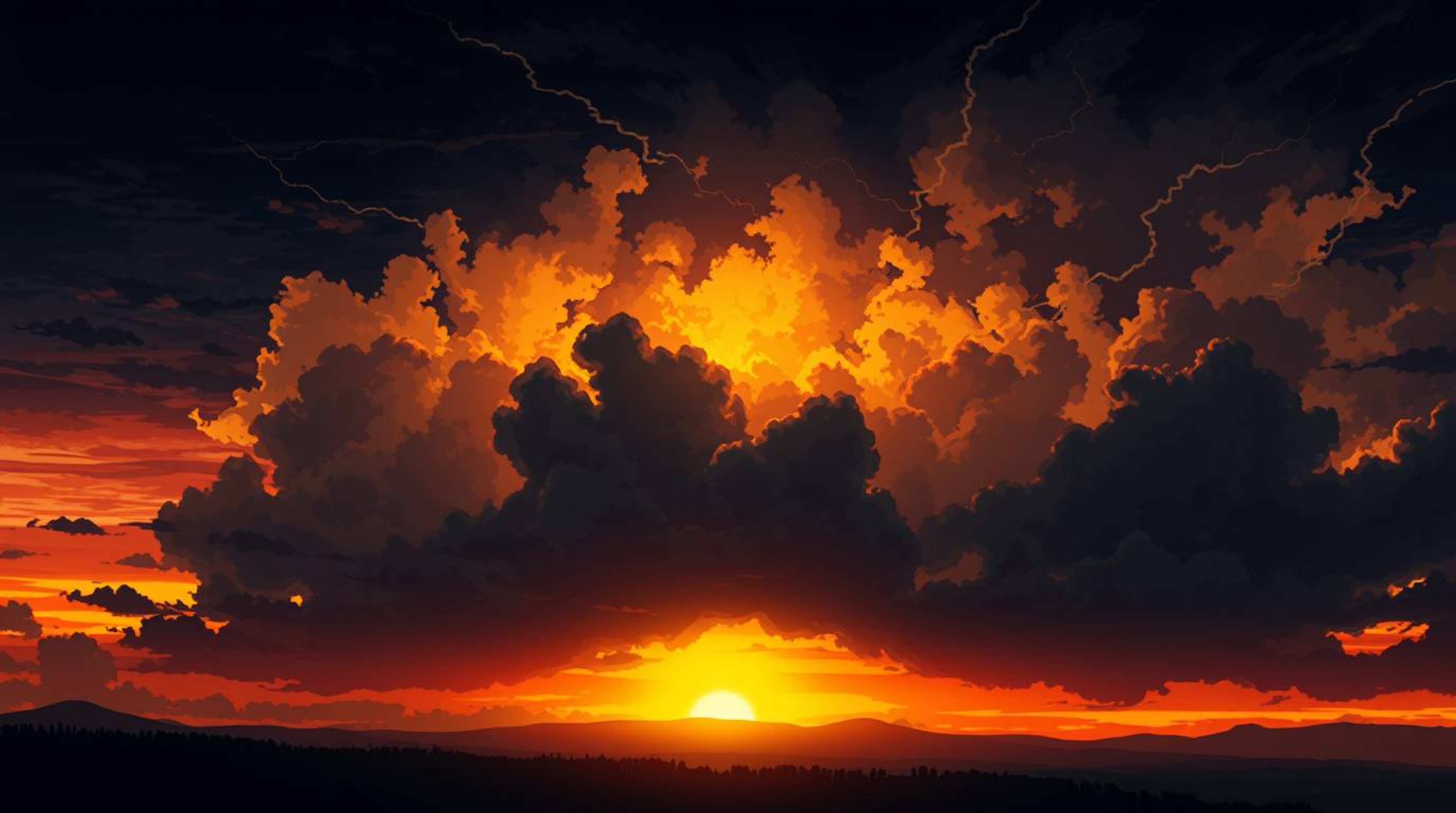Experience a high-contrast, low-key Isekai anime-style thunderstorm depicted at sunset, showcasing expressive composition and