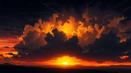Experience a high-contrast, low-key Isekai anime-style thunderstorm depicted at sunset, showcasing expressive composition and