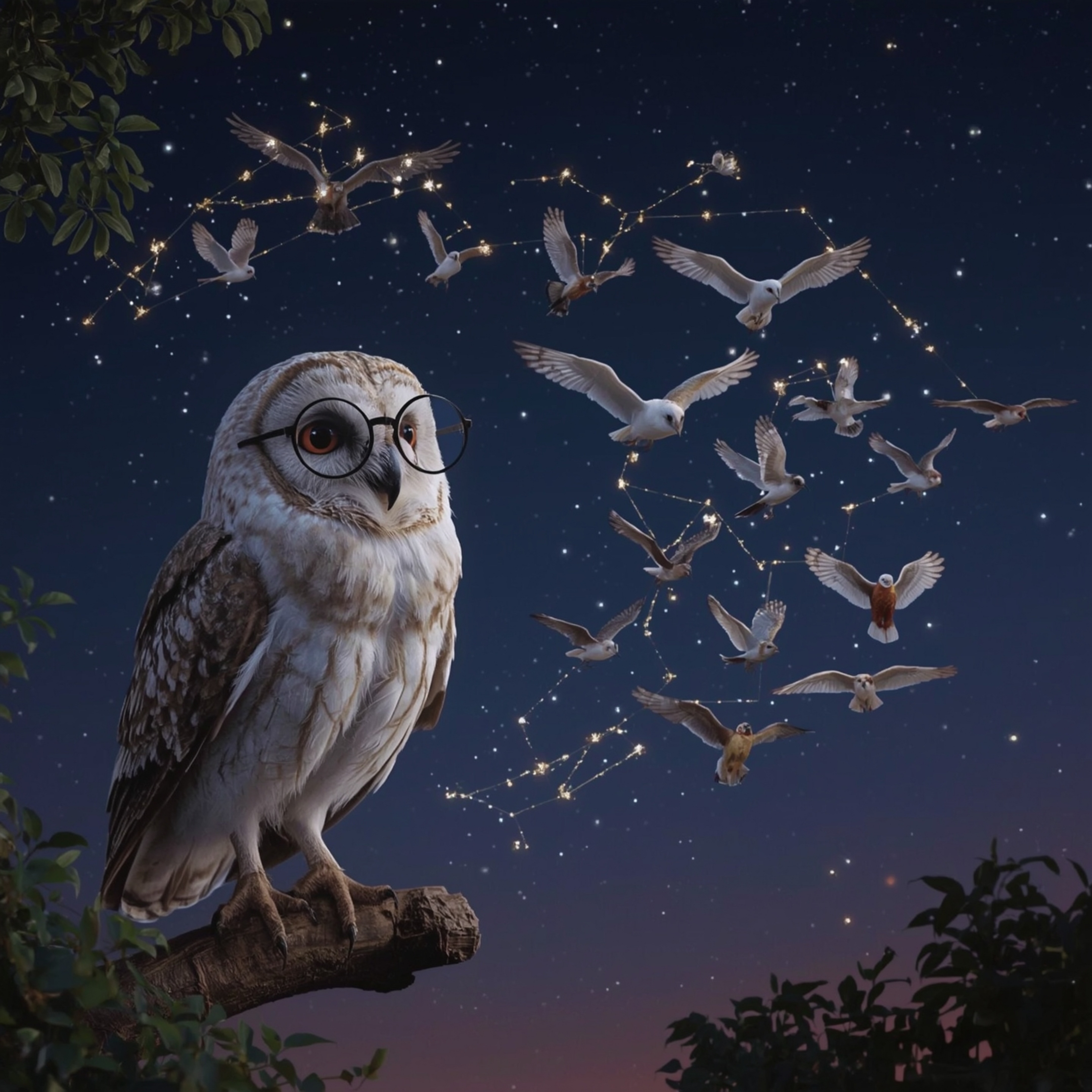 A whimsical and elegant high-fashion photography depicts a blind owl, reminiscent of Pixar animation, perched on a branch.  T