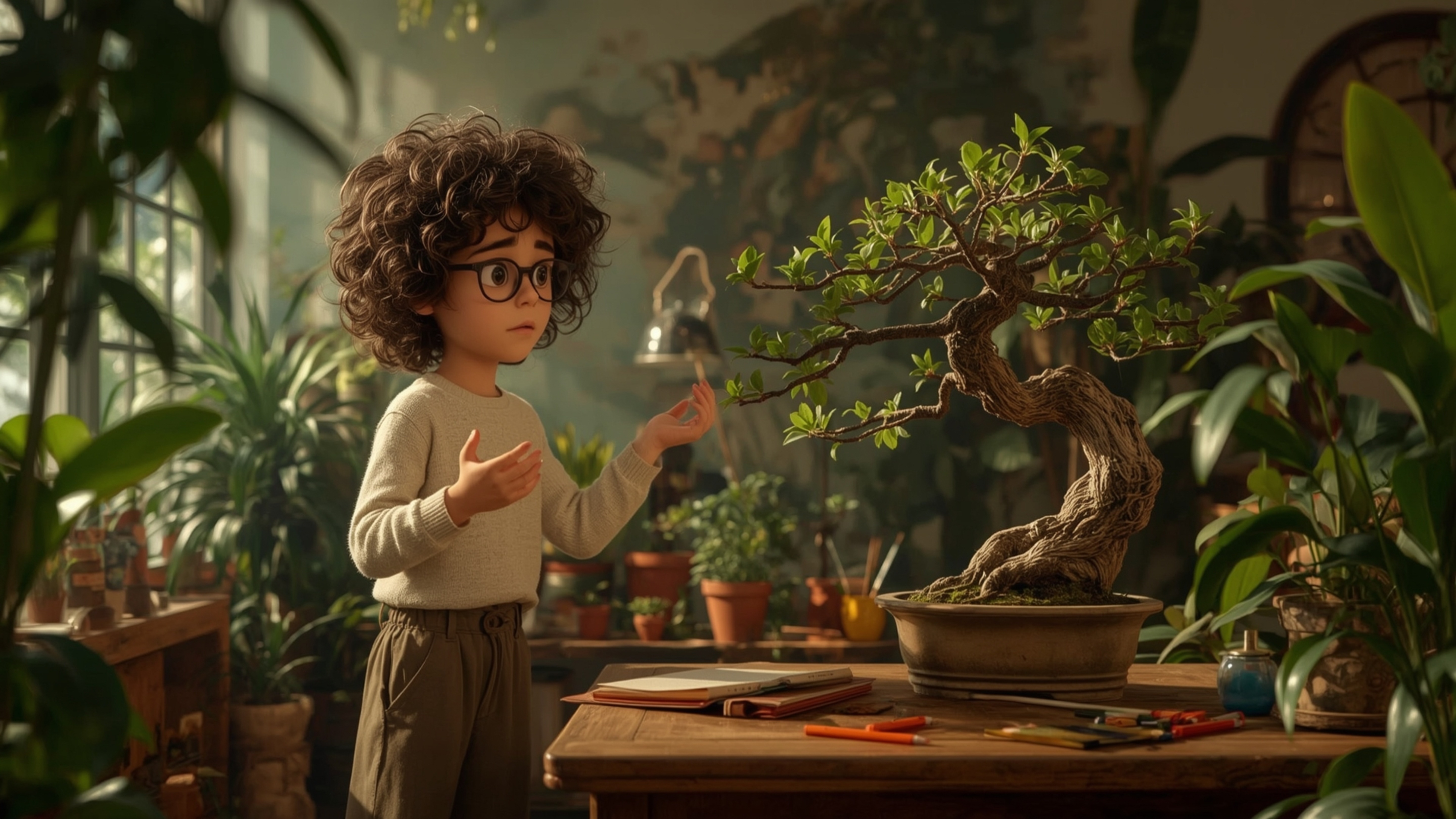 A warm, cinematic photograph of a bespectacled, curly-haired homeschooled genius, reminiscent of Pixar characters, standing i