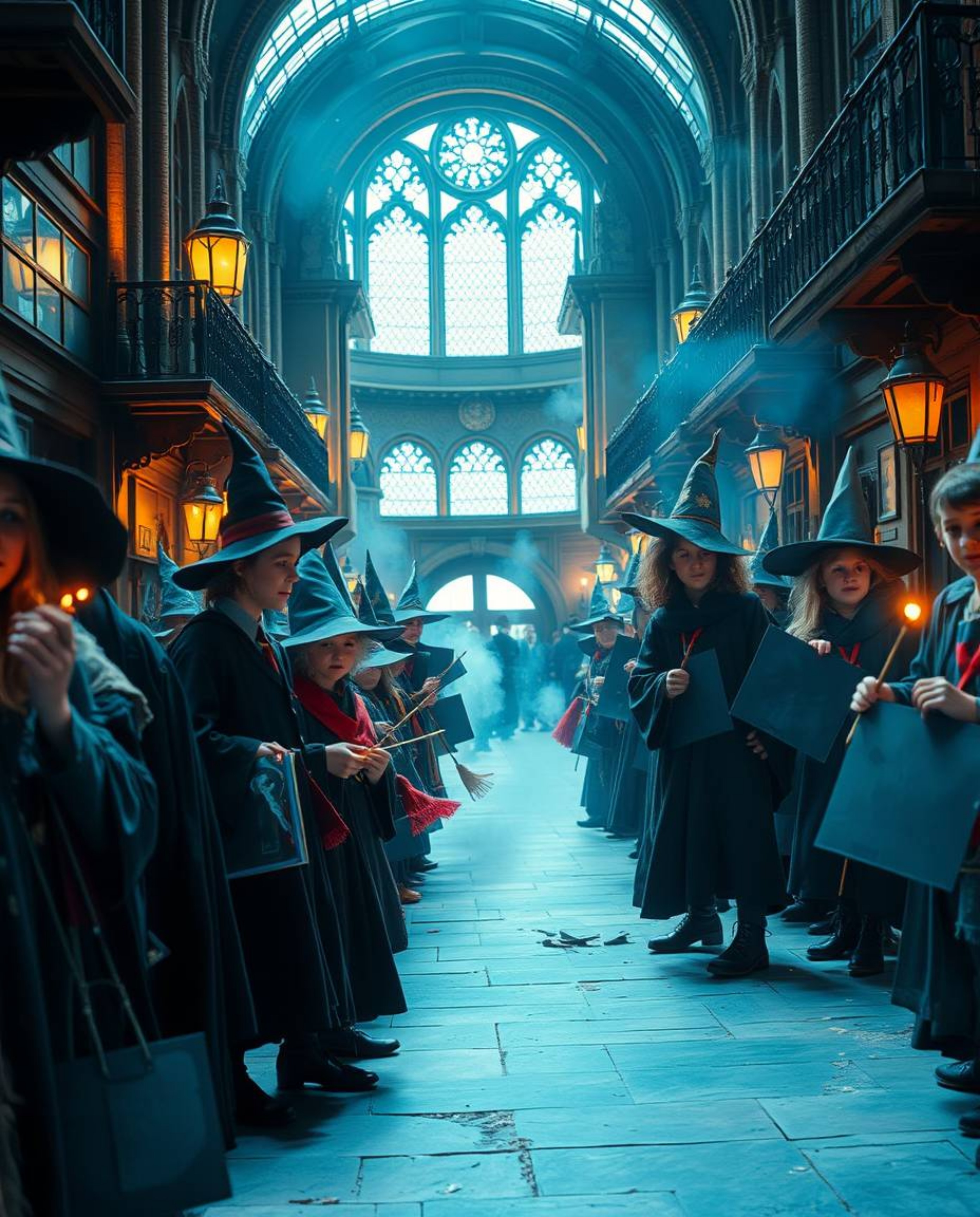 A captivating street photography image depicts a magical school in a futuristic urban setting.  Young wizards fill the scene,