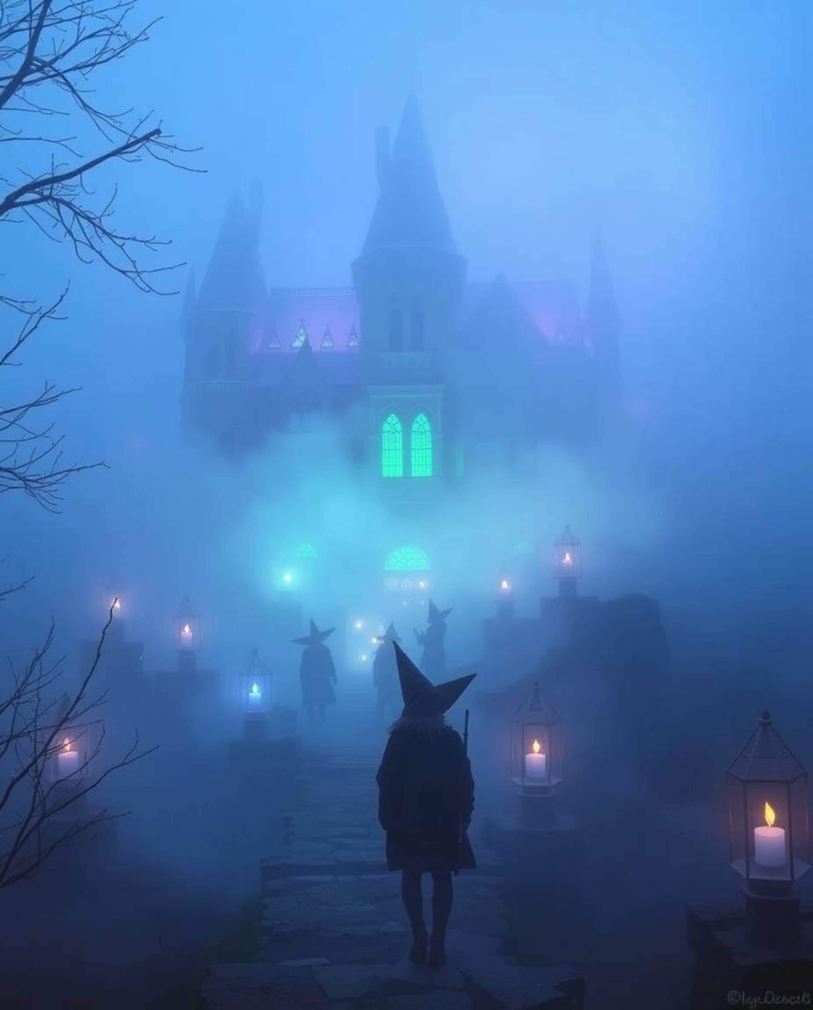 Discover a captivating magical school nestled in a thick fog, where young wizards train amidst cool blues, greens, and purple