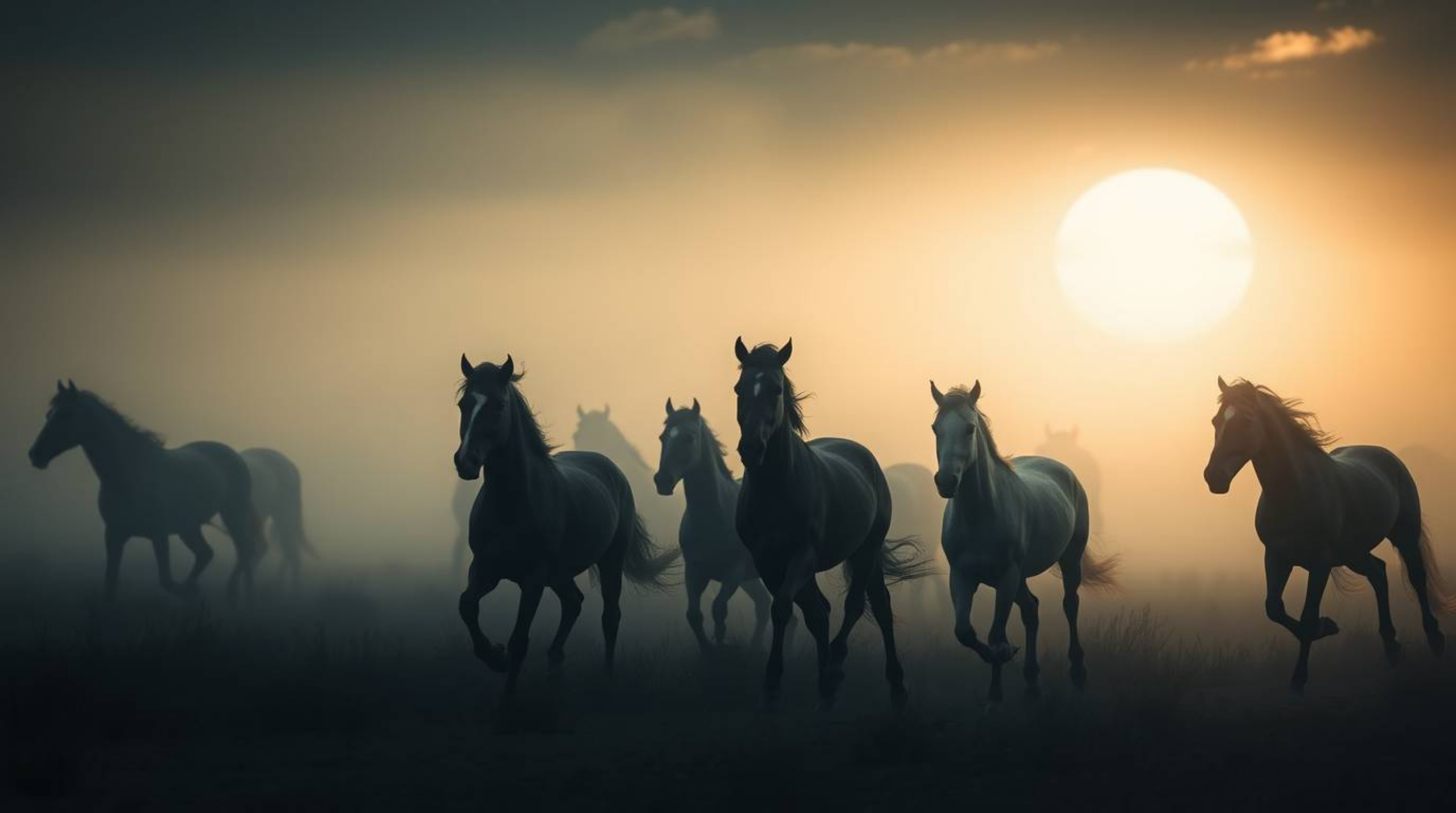 Experience an ethereal and spiritual depiction of a herd of wild horses running under a glowing sky, captured with low contra