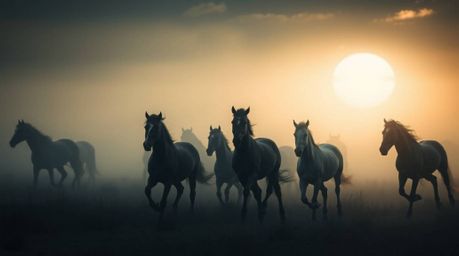 Experience an ethereal and spiritual depiction of a herd of wild horses running under a glowing sky, captured with low contra