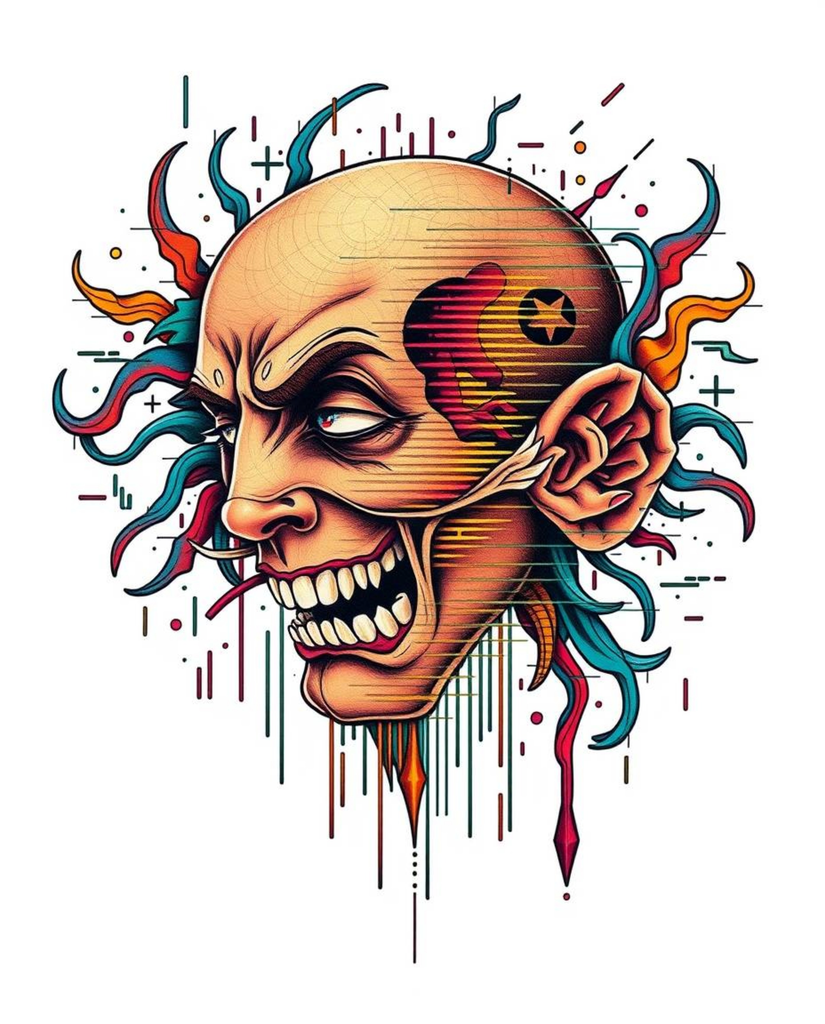 This dynamic art print showcases a traditional tattoo style with a modern twist, depicting a human face undergoing a digital 