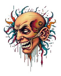 This dynamic art print showcases a traditional tattoo style with a modern twist, depicting a human face undergoing a digital 