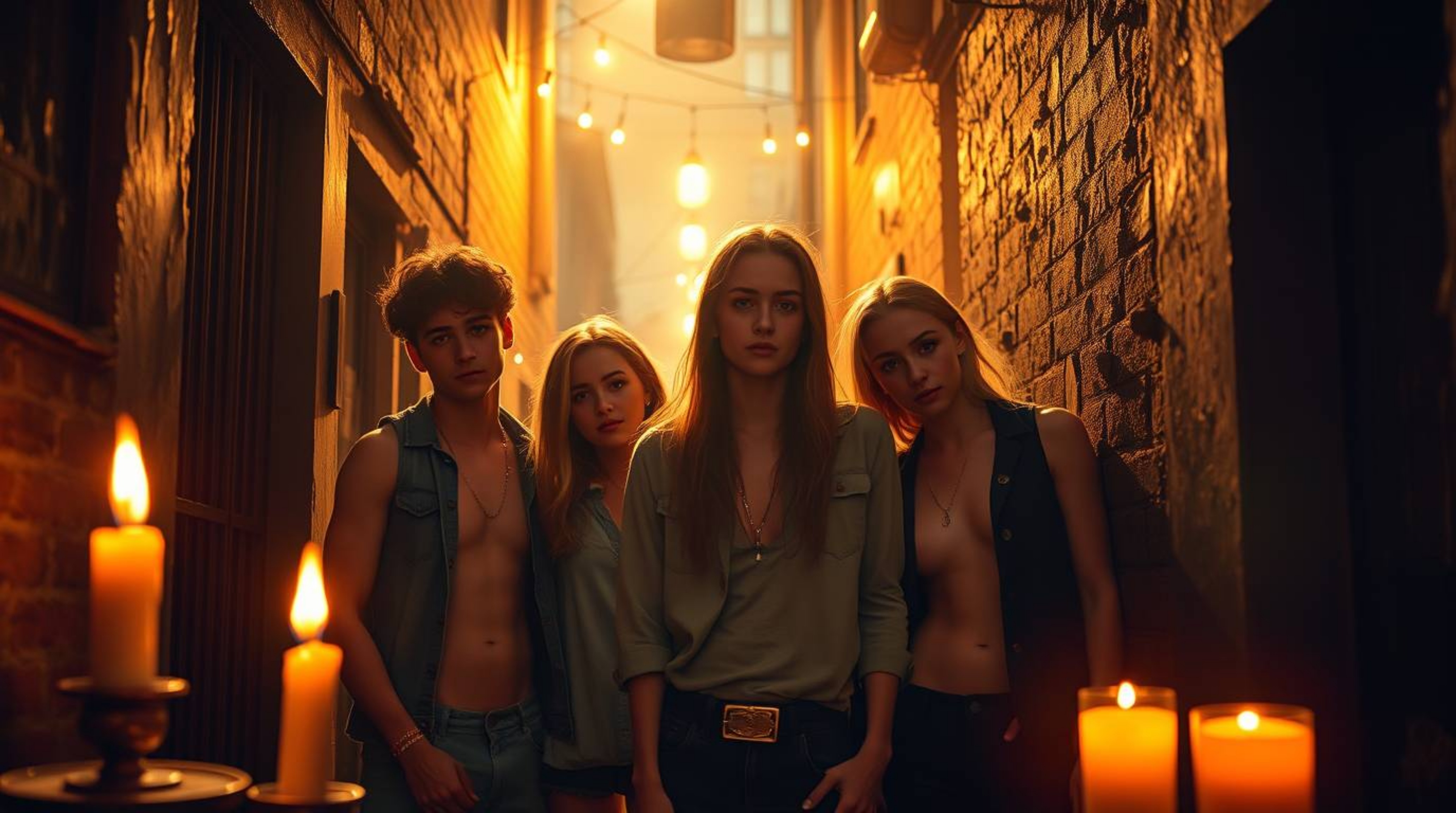 A captivating image portrays rebellious teenagers in a gritty city alley, bathed in the warm, opulent glow of flickering cand