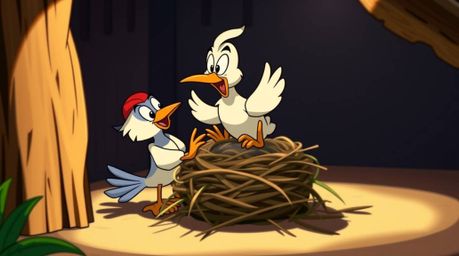 Two cartoon birds are captured in the vibrant act of dynamically building a nest, presented in a classic animation style char