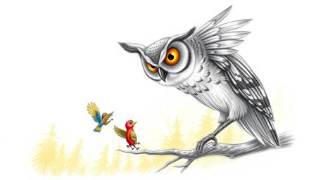 A heartwarming pencil sketch depicts a blind owl, with large expressive ears, patiently instructing small, colorful birds on 