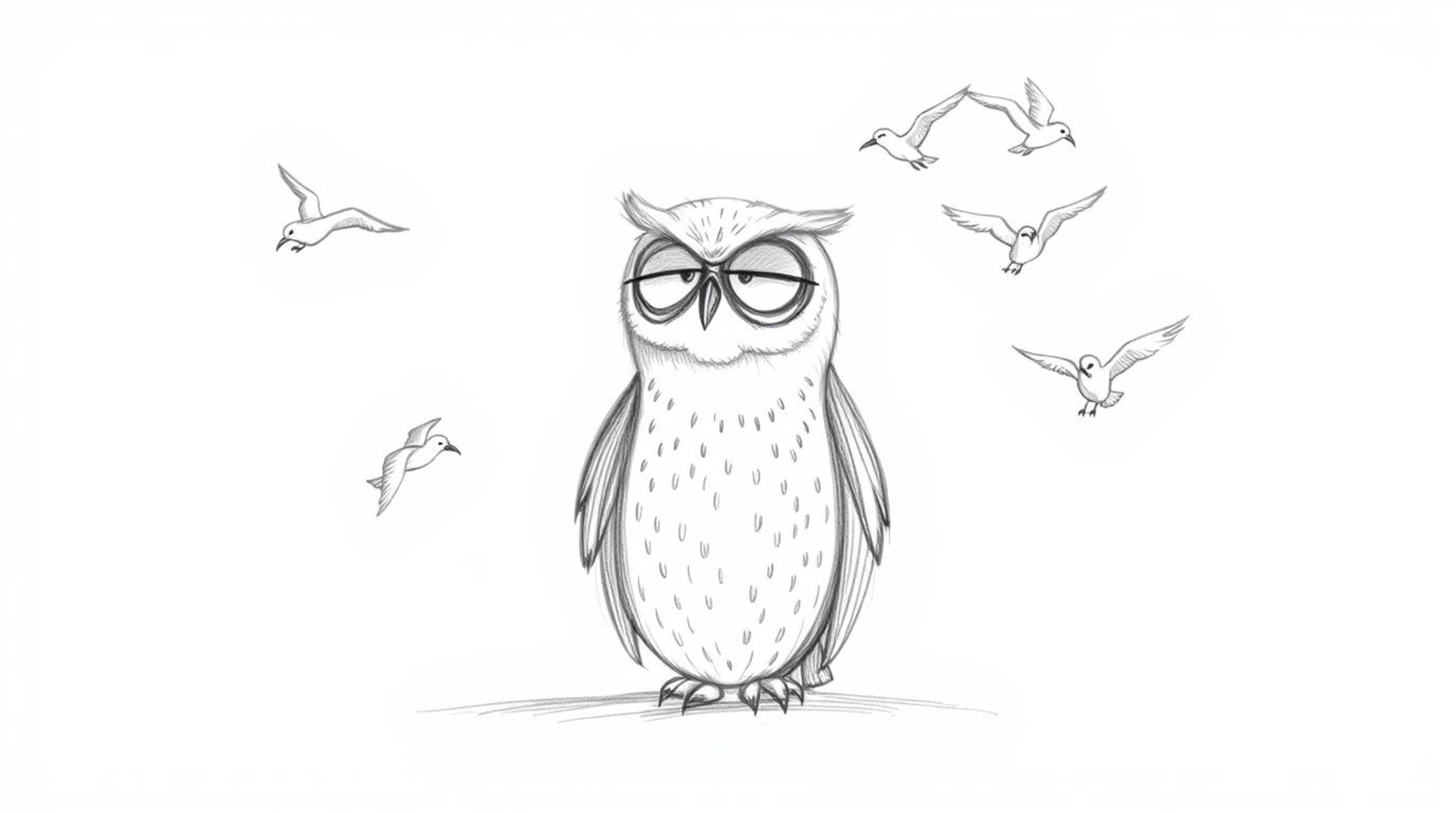 A heartwarming scene depicts a blind owl in a Pixar-inspired style, patiently teaching young birds how to fly. The hand-drawn
