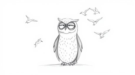 A heartwarming scene depicts a blind owl in a Pixar-inspired style, patiently teaching young birds how to fly. The hand-drawn