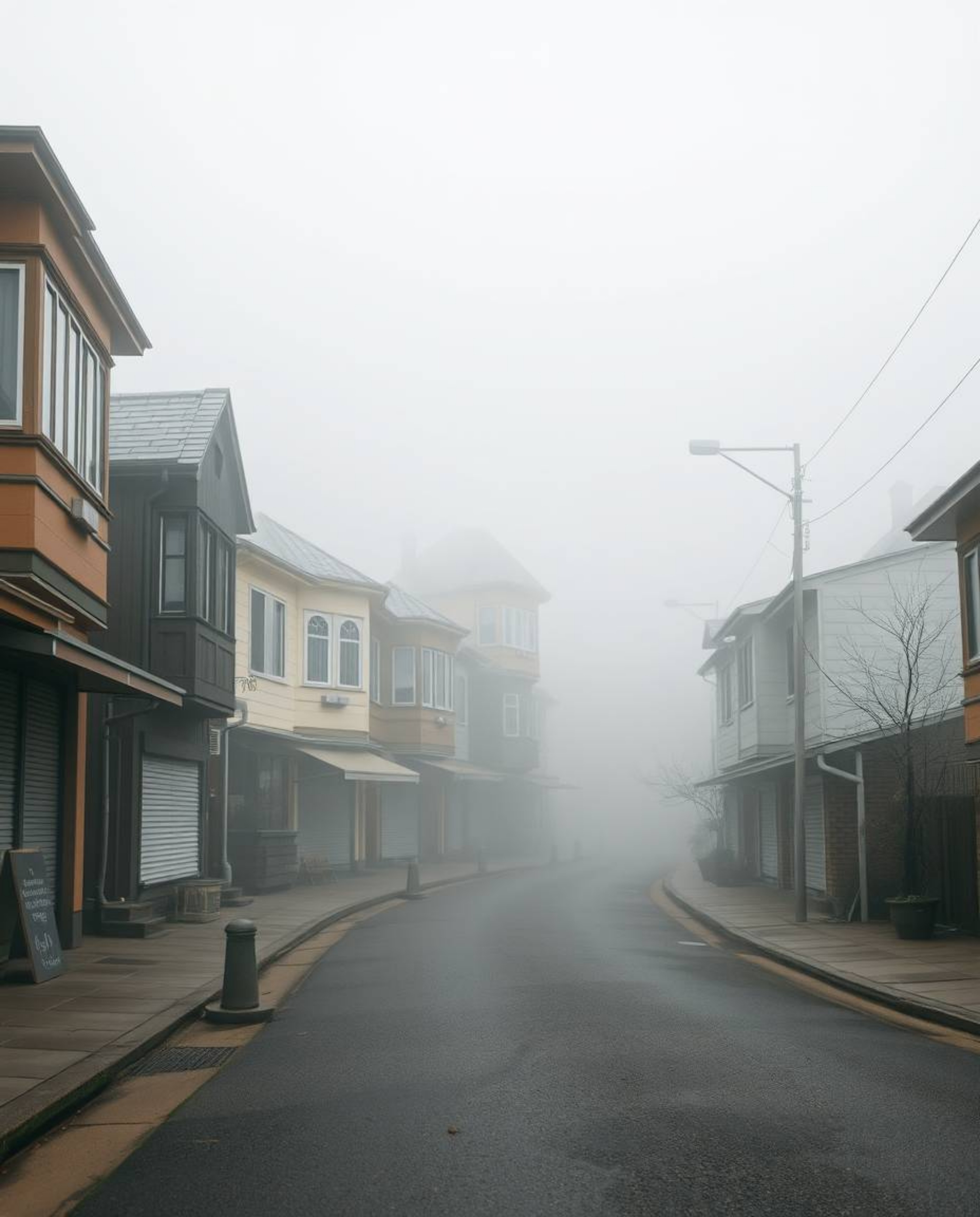 A captivating surreal street scene featuring buildings folding and twisting in a thick fog, rendered in natural earth tones. 