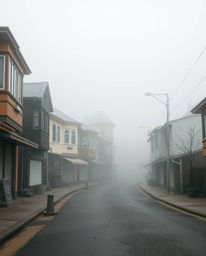 A captivating surreal street scene featuring buildings folding and twisting in a thick fog, rendered in natural earth tones. 