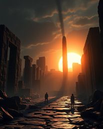 High-contrast, low-key lighting illuminates an epic, grand, futuristic scene of ancient stone ruins at sunset. This compositi