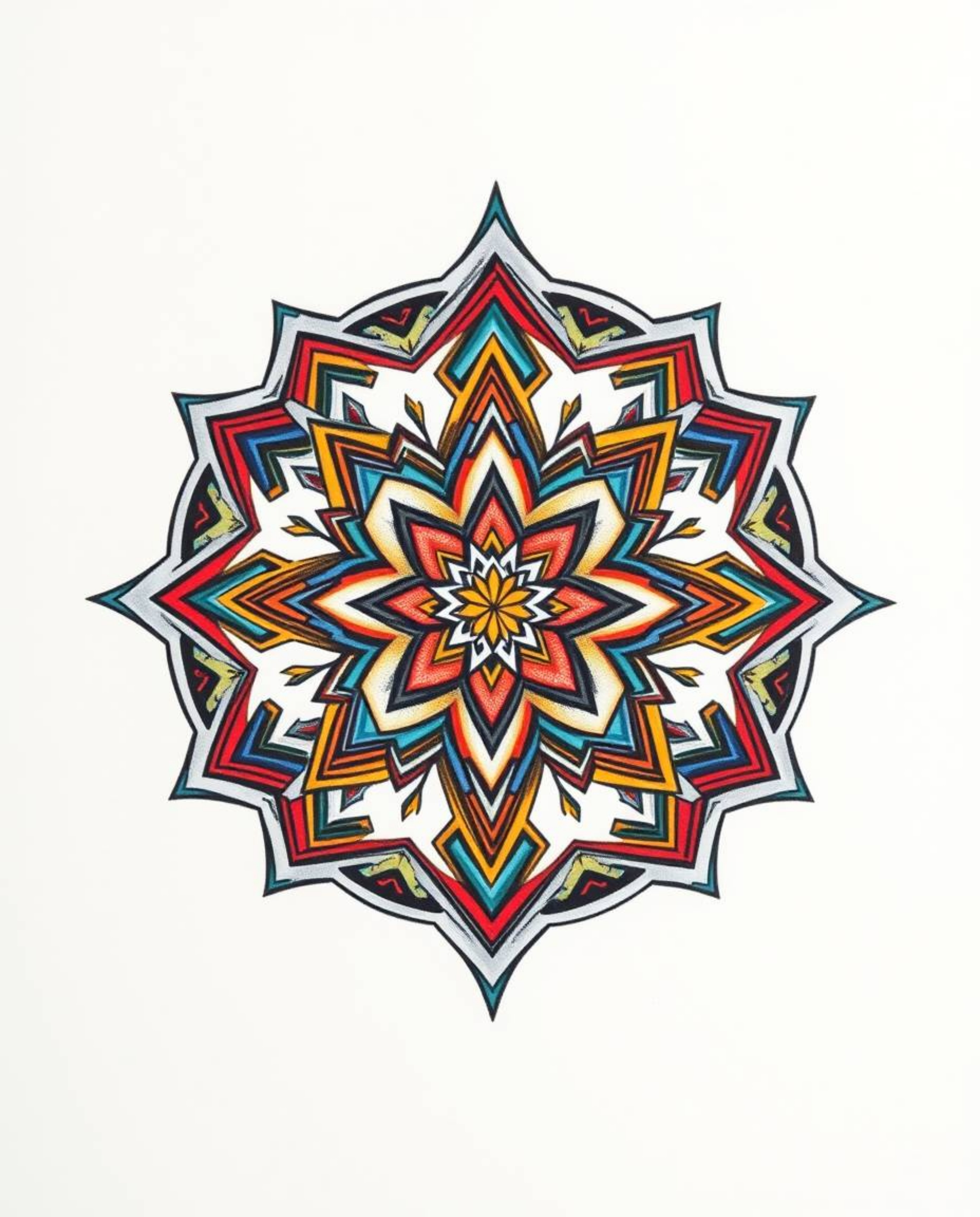 This striking art print features a symbolic traditional tattoo design rendered in vibrant complementary colors. Islamic geome