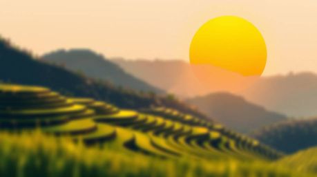 A captivating modern flat design illustration depicts a breathtaking sunset over picturesque mountainous rice terraces.  The 
