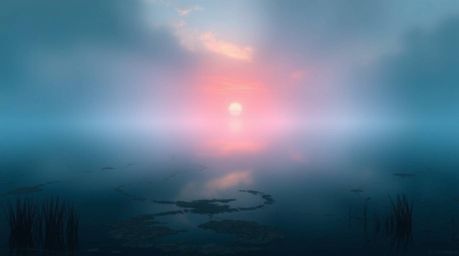 A captivating digital painting showcases a serene pond mirroring a vibrant sunset obscured by dense fog, creating a mysteriou