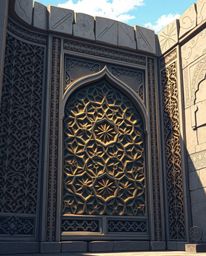 Explore a unique blend of isekai anime aesthetics and intricate Islamic geometric patterns carved in stone. This artwork show