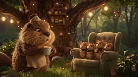 A warm, golden-lit, high-resolution stock photo depicts a beaver with soft, fluffy fur and bright, shiny eyes, busily constru