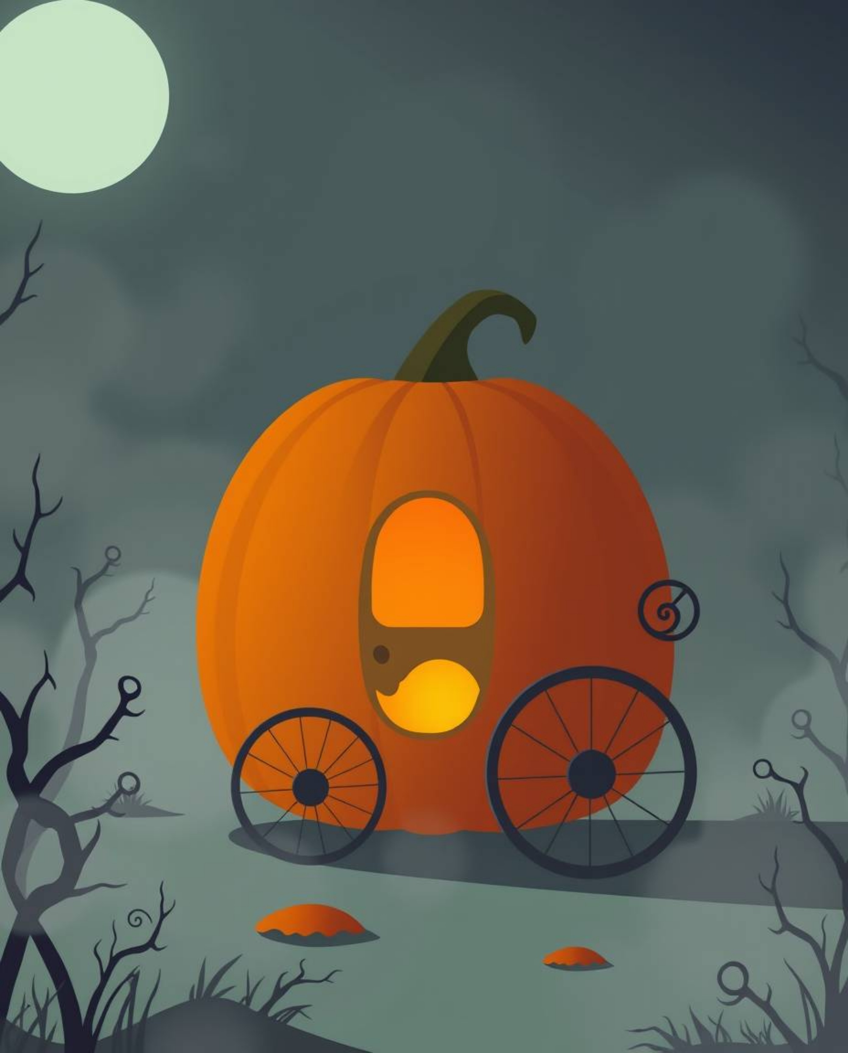 A magical pumpkin transforming into a carriage in a modern flat design style, surrounded by a thick fog creating low visibili
