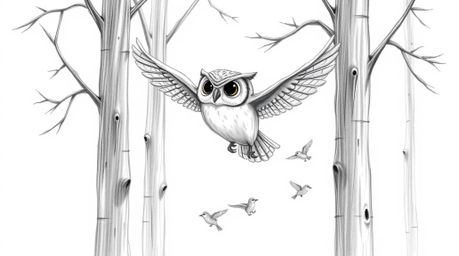 A hand-drawn, textured pencil sketch portrays a serene blind owl gracefully gliding among tall tree branches, followed closel
