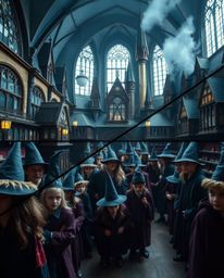 Explore a magical academy brimming with young wizards in this striking close-up shot. A distinctive split visual emphasizes i