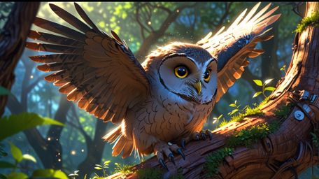 In a wonderfully imaginative scene, rendered in a blend of Pixar and anime styles, a wise blind owl employs a unique method t