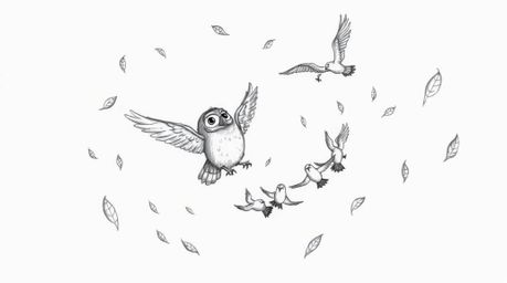 A heartwarming hand-drawn sketch depicts a blind owl, brought to life in Pixar's signature style, sharing its wisdom by teach