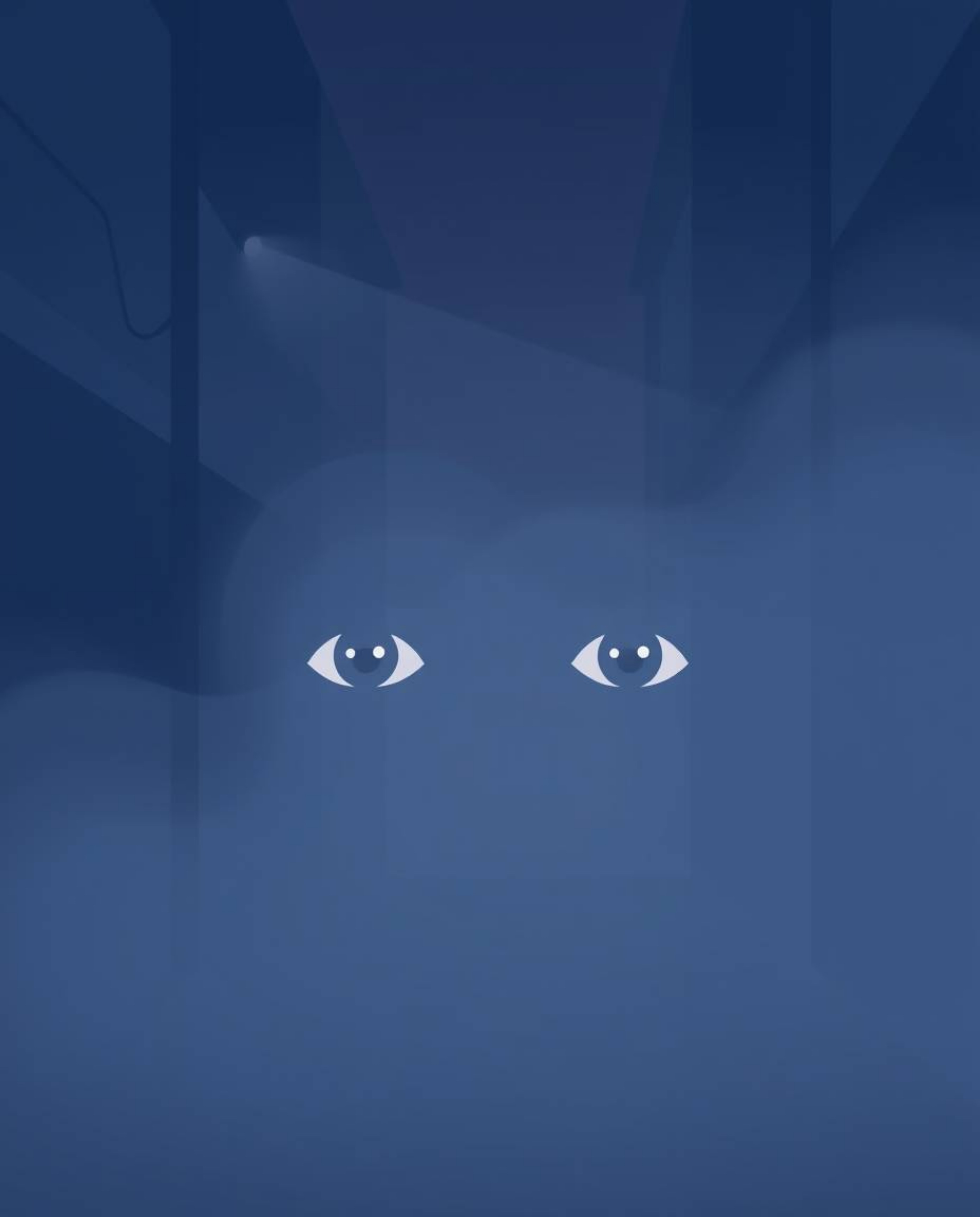 Modern flat design illustration depicting eyes observing from the shadows of a foggy alley at night. This two-dimensional art