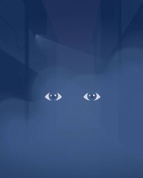 Modern flat design illustration depicting eyes observing from the shadows of a foggy alley at night. This two-dimensional art