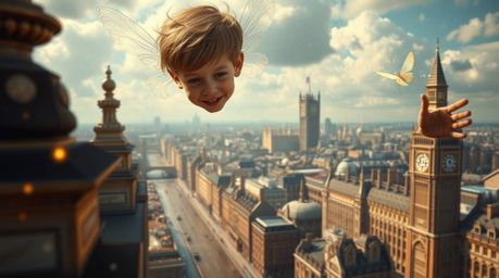 A captivating surreal artwork depicts a young boy with pixie dust soaring above a dreamlike London.  The piece features stron