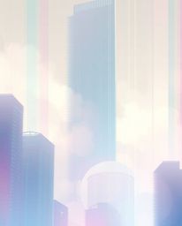 A digital painting featuring distorted skyscrapers in a glitchy, dreamlike landscape. Soft pastel colors and a hazy atmospher