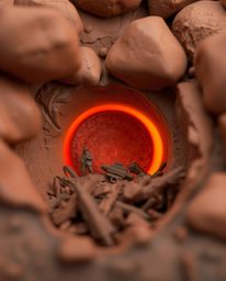 An extreme macro close-up reveals the intricate detail of a sculptural clay artwork depicting a sunrise over a war-torn lands
